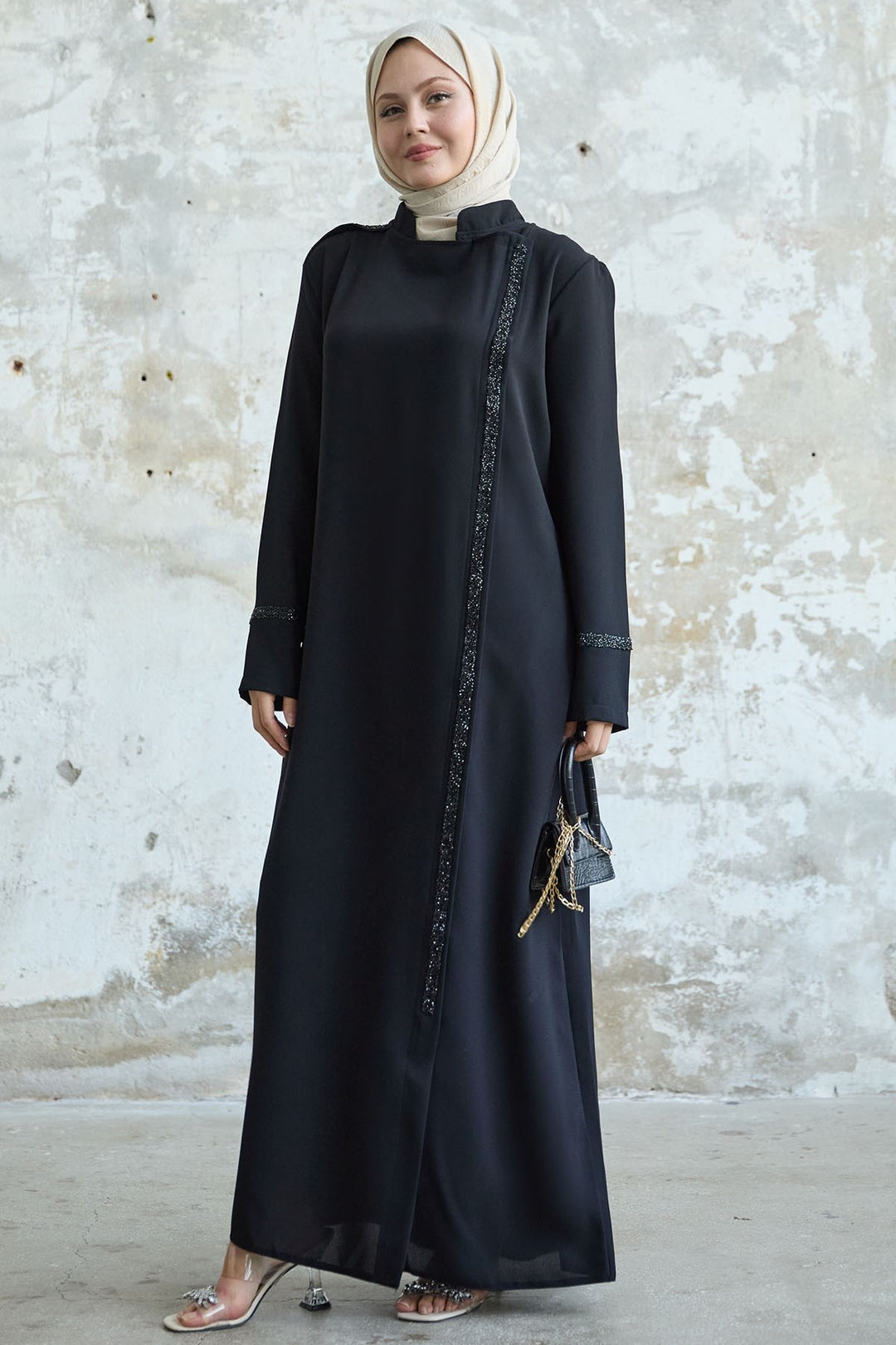 MDS Women Black Abaya with Neck and Front Scarf Embellished with Stones - Caltanissetta