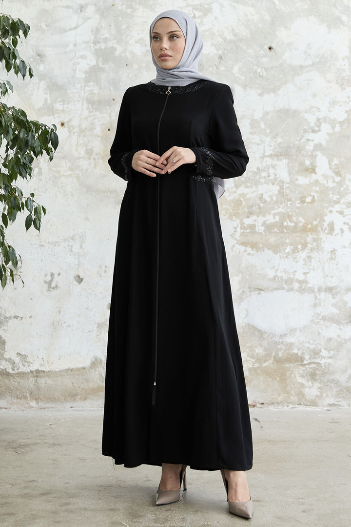 MDS Women Stone-embellished Abaya with Collar and Sleeves - Black - Varash