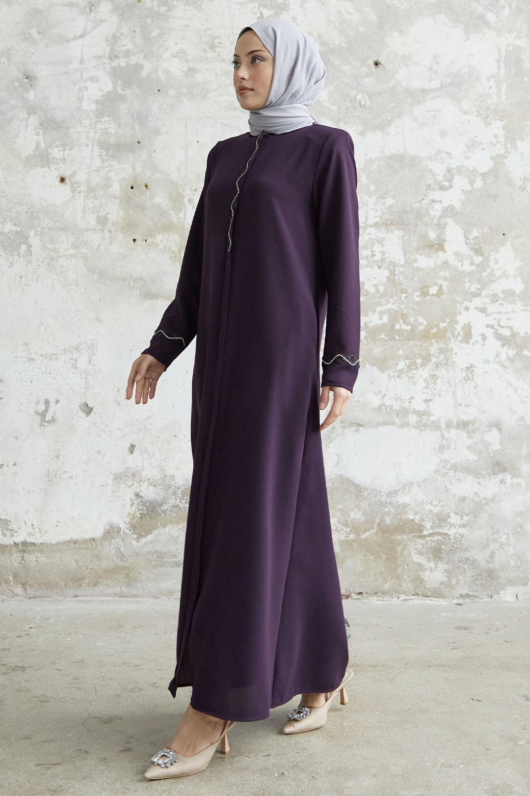 MDS Women Spiral Stone Detailed Honeycomb Abaya - Purple - Hildesheim