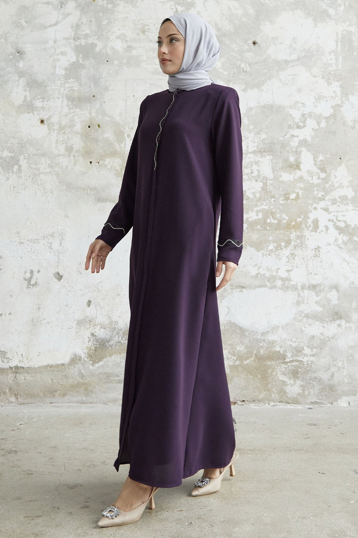 MDS Women Spiral Stone Detailed Honeycomb Abaya - Purple - Hildesheim