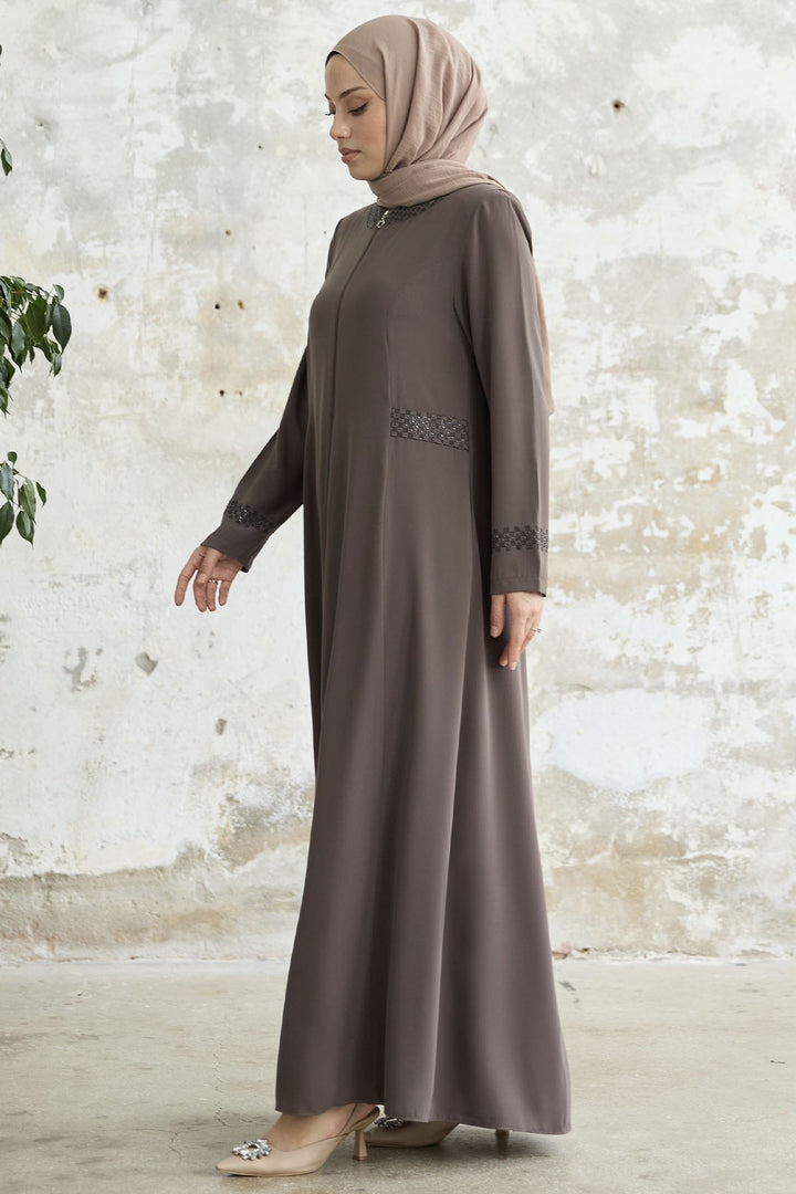 MDS Women Stone-embellished Abaya with Collar and Sleeves - Coffee - Penafiel