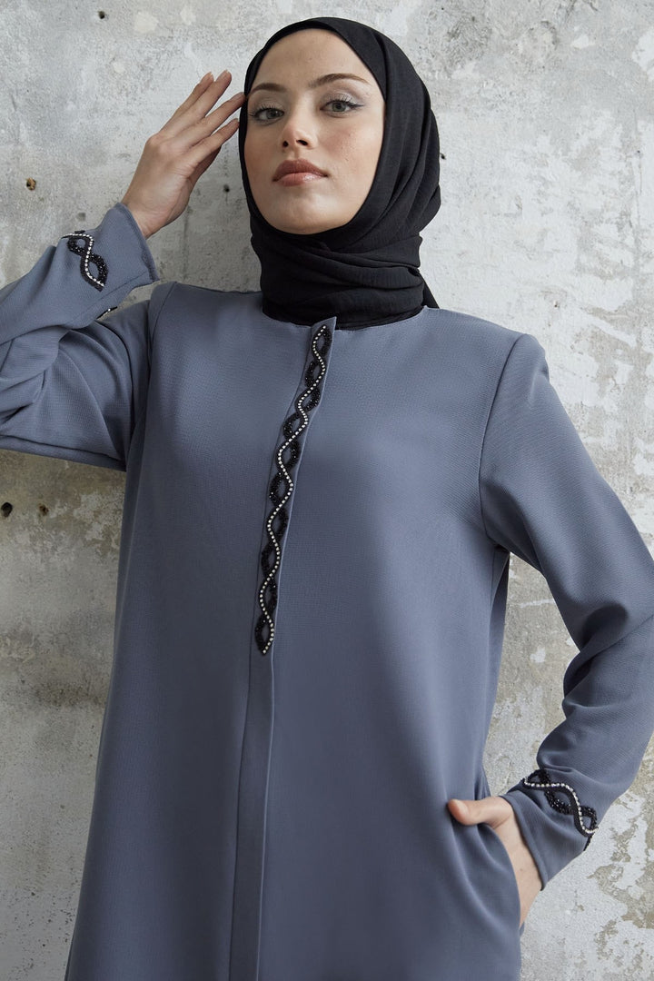 MDS Women Spiral Stone Detailed Honeycomb Abaya - Gray - Kendall