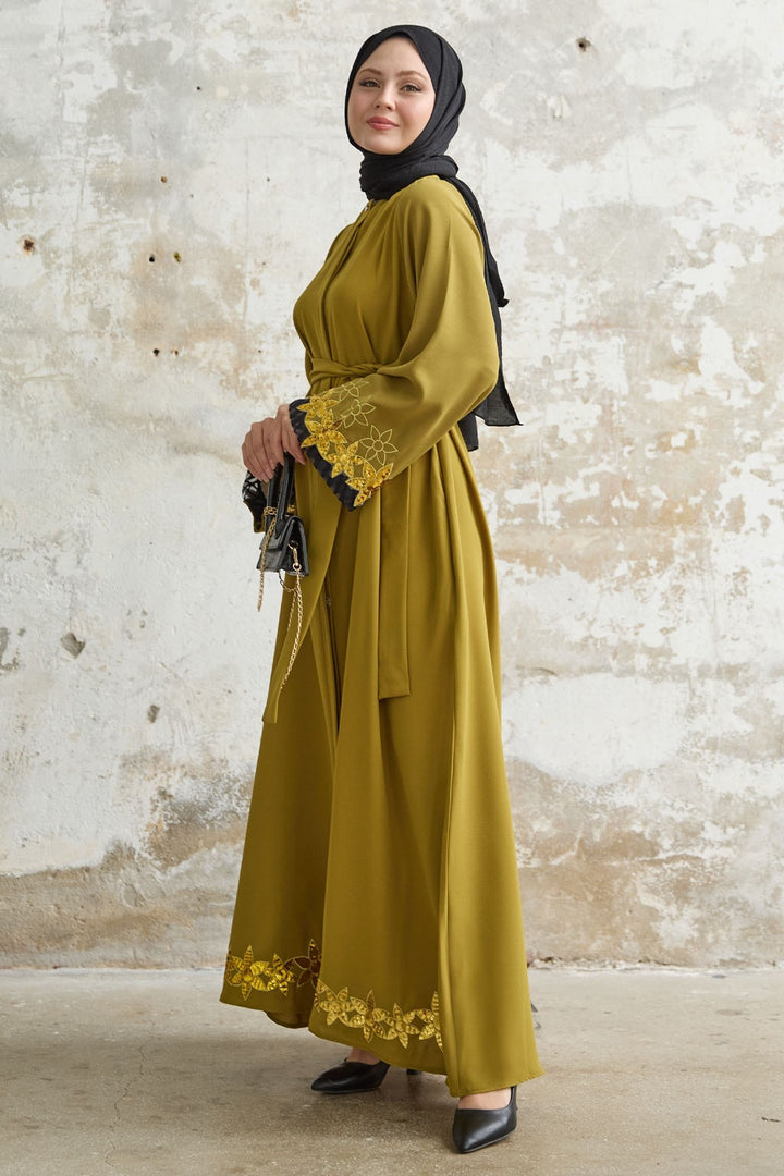 MDS Women Flower Stamp Detail Oil Green Abaya - Lompoc