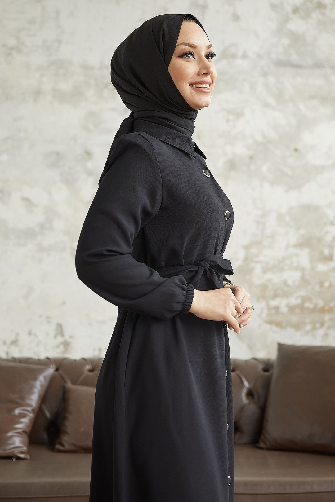 MDS Women Linny Buttoned Shirt Collar Abaya - Black - Pawtucket