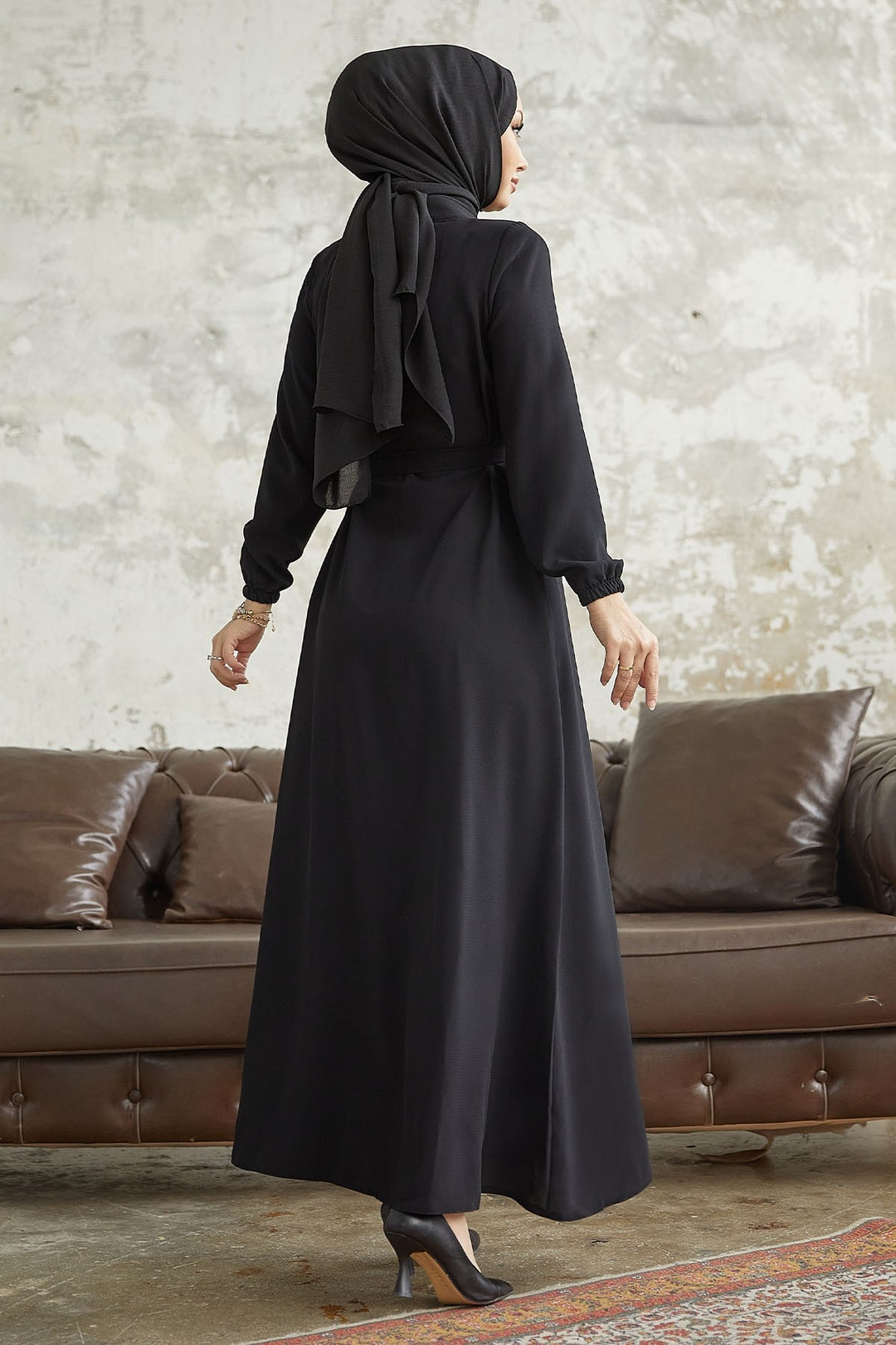 MDS Women Linny Buttoned Shirt Collar Abaya - Black - Pawtucket