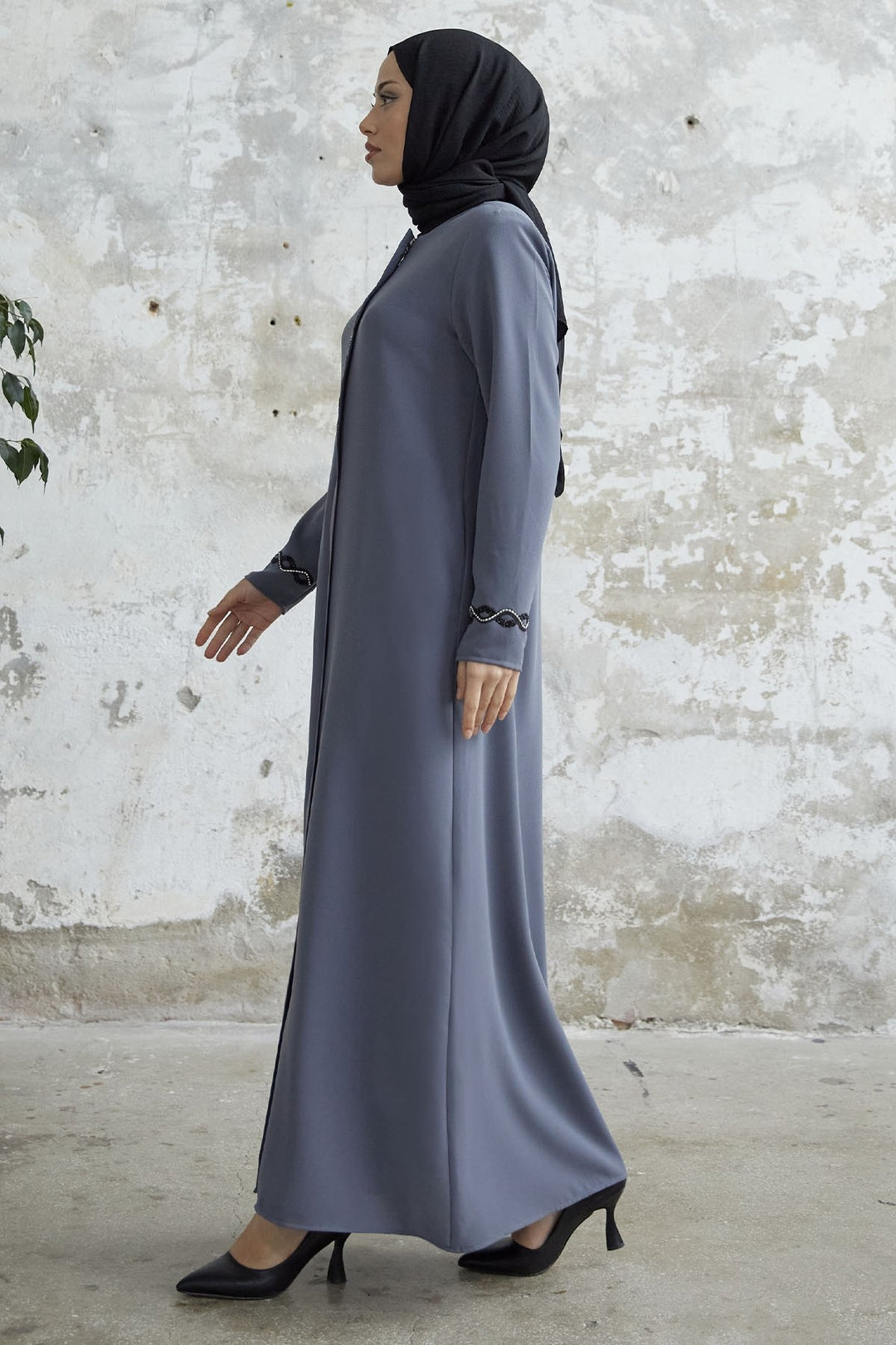 MDS Women Spiral Stone Detailed Honeycomb Abaya - Gray - Kendall