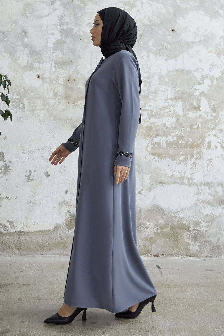 MDS Women Spiral Stone Detailed Honeycomb Abaya - Gray - Kendall