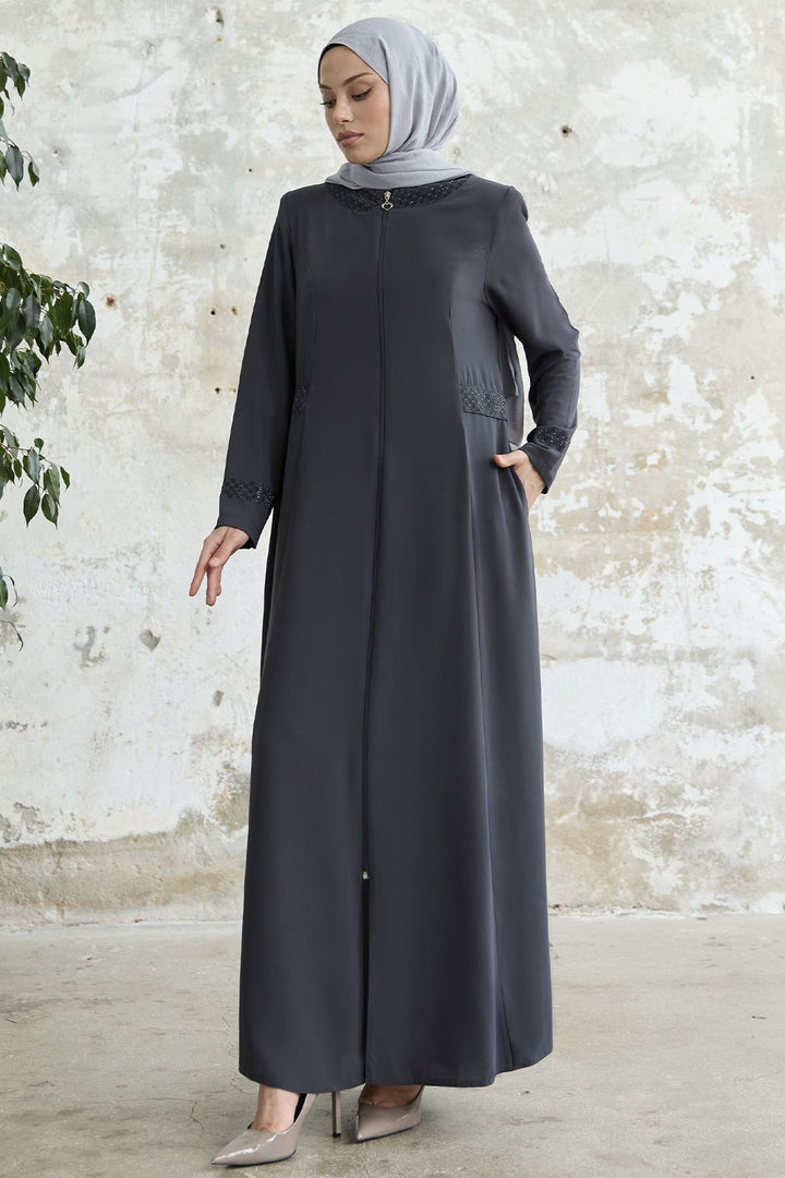 MDS Women Stone-embellished Abaya with Collar and Sleeves - Anthracite - Cedar City
