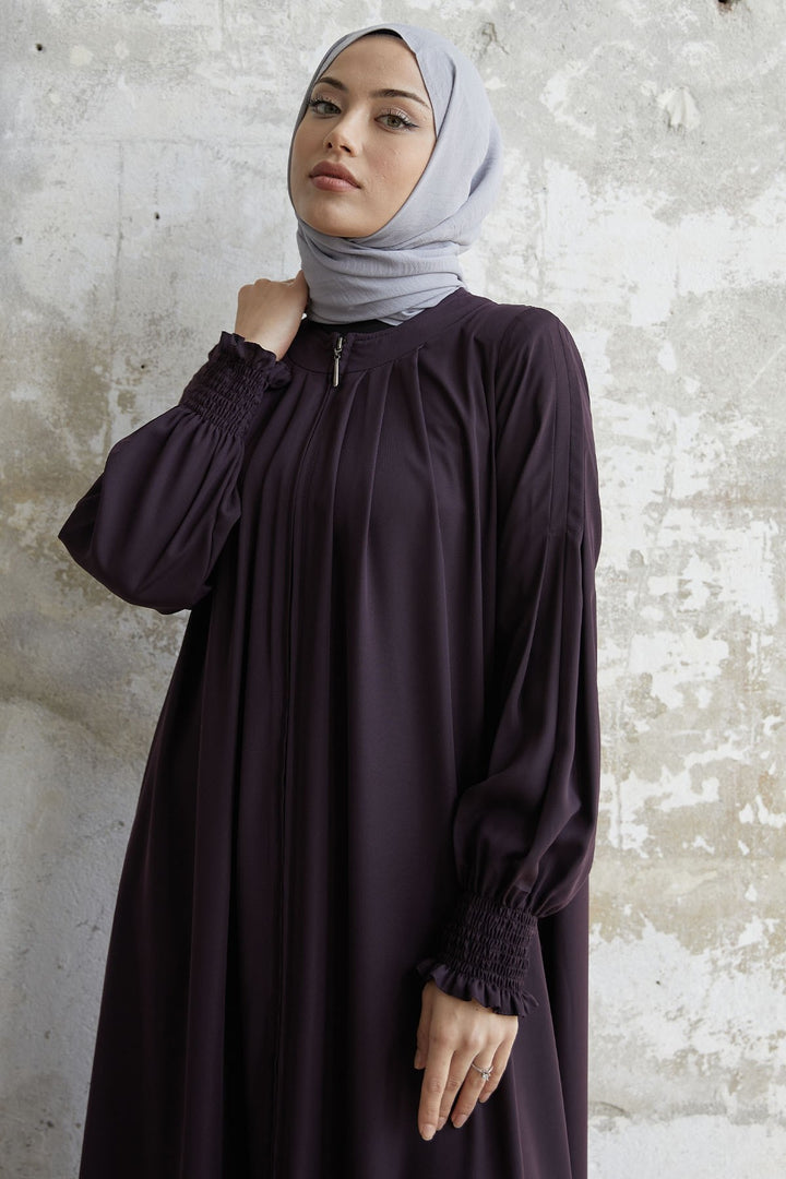 MDS Women Pleated Detail Ruched Abaya - Plum - Edina