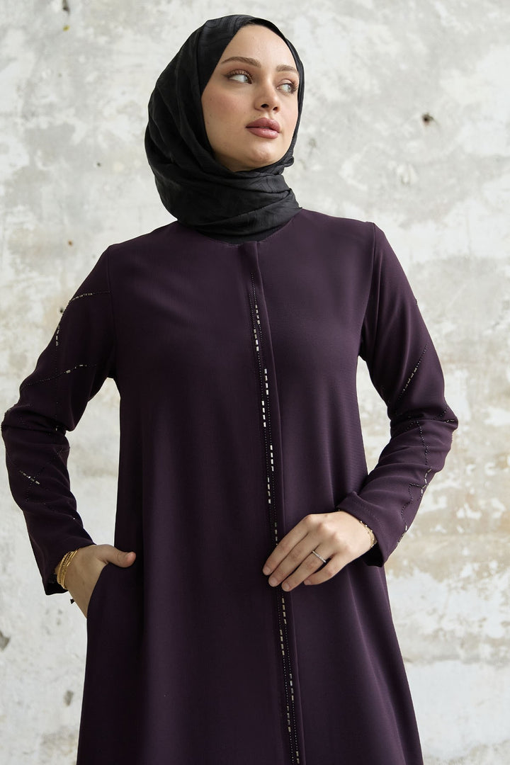 MDS Women Sequined Stone Embroidered Abaya - Purple - Marseille