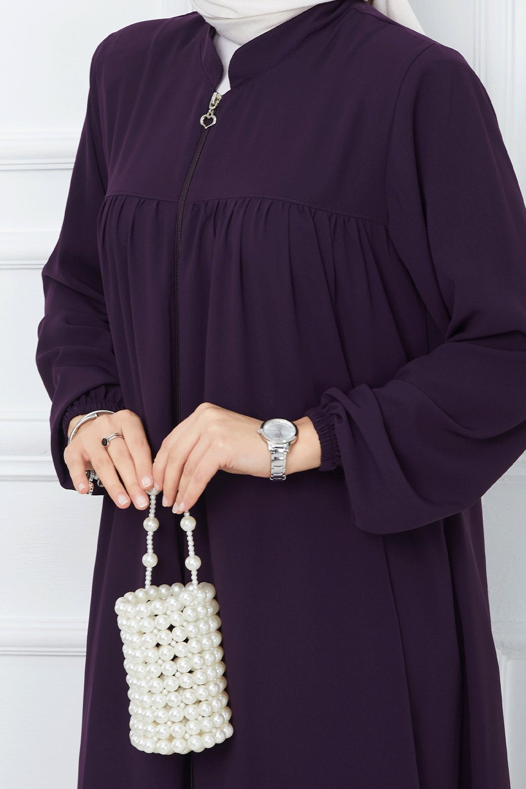 MDS Women Pleated Medina Silk Abaya - Purple - El Dorado