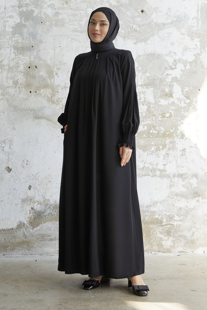 MDS Women Pleated Detail Ruched Abaya - Black - Liverpool