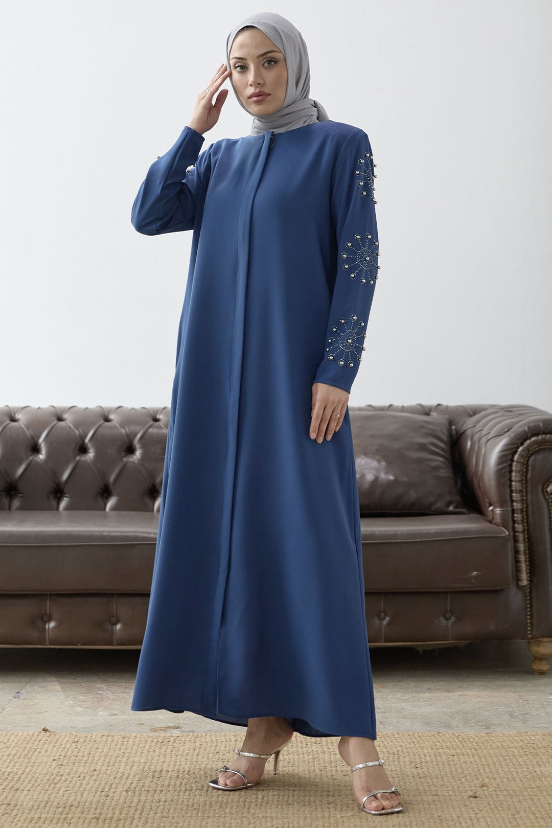 MDS Women Sleeves Pearl Stone Detail Abaya - Indigo - Portici