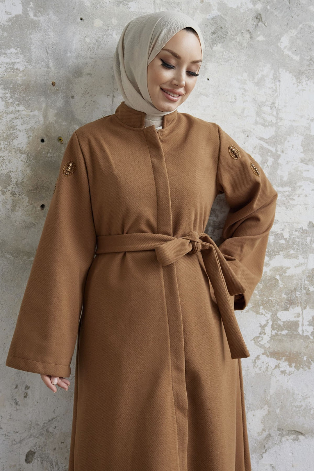MDS Women Nomira Stone Detail Belted Abaya - Tan - Cheltenham