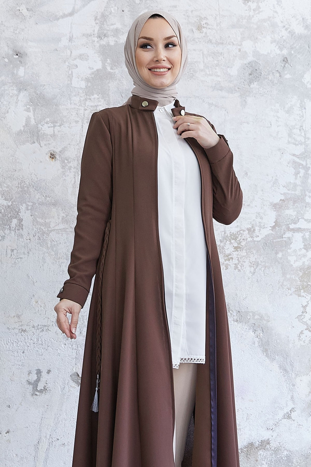 MDS Women Buttoned Belted Abaya with Pleated Collar - Brown - Teziutlan