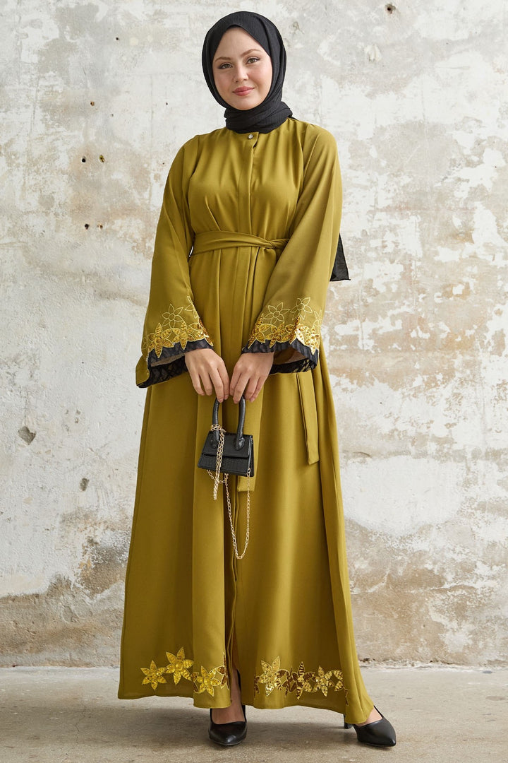 MDS Women Flower Stamp Detail Oil Green Abaya - Lompoc