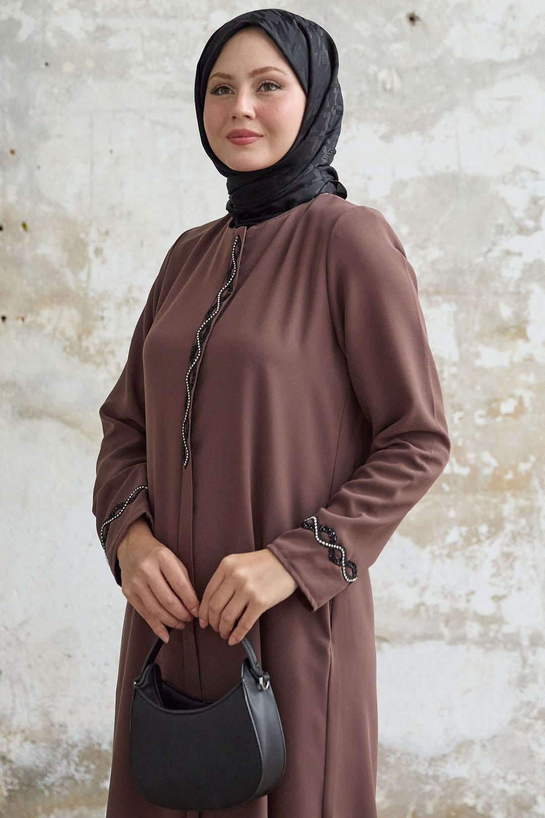MDS Women Spiral Stone Detailed Honeycomb Brown Abaya - Andover