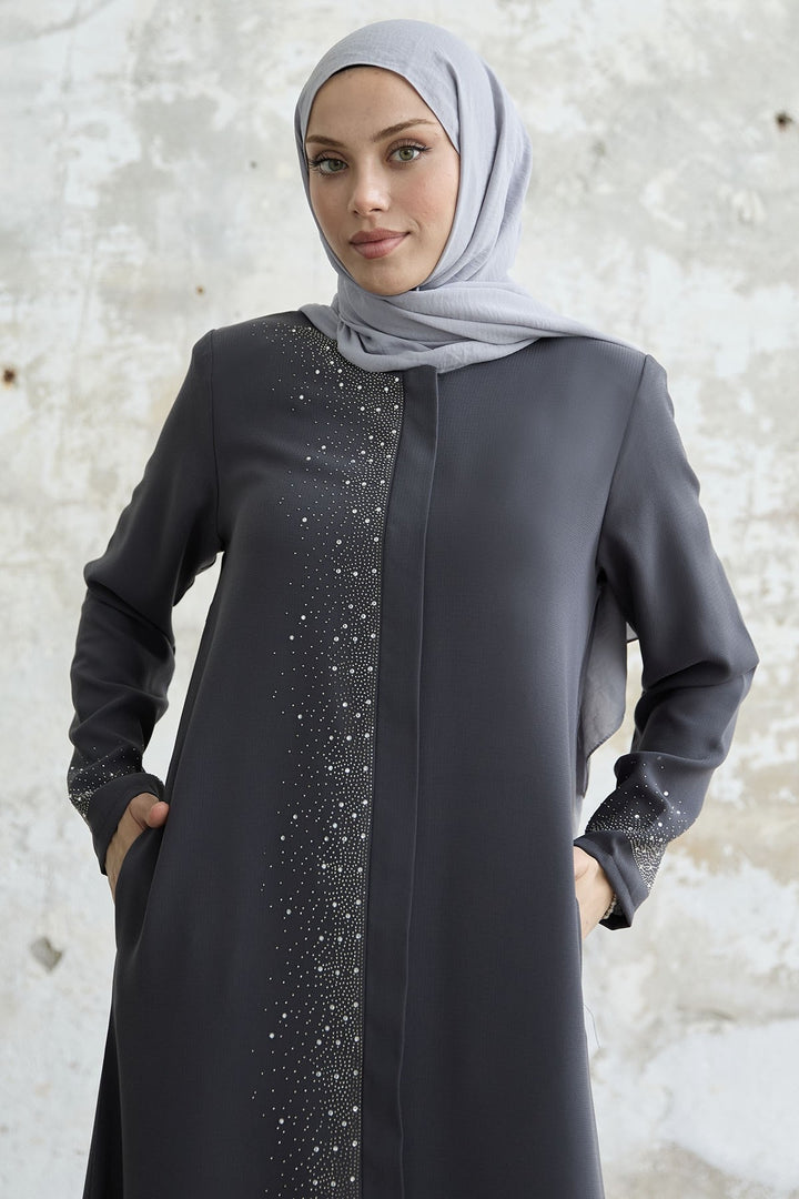 MDS Women Stone-embellished Abaya with Right Side - Anthracite - Tlalmanalco
