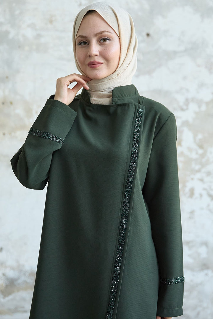 MDS Women Stone-embellished Khaki Abaya with Collar and Front Scarf - Inver Grove Heights