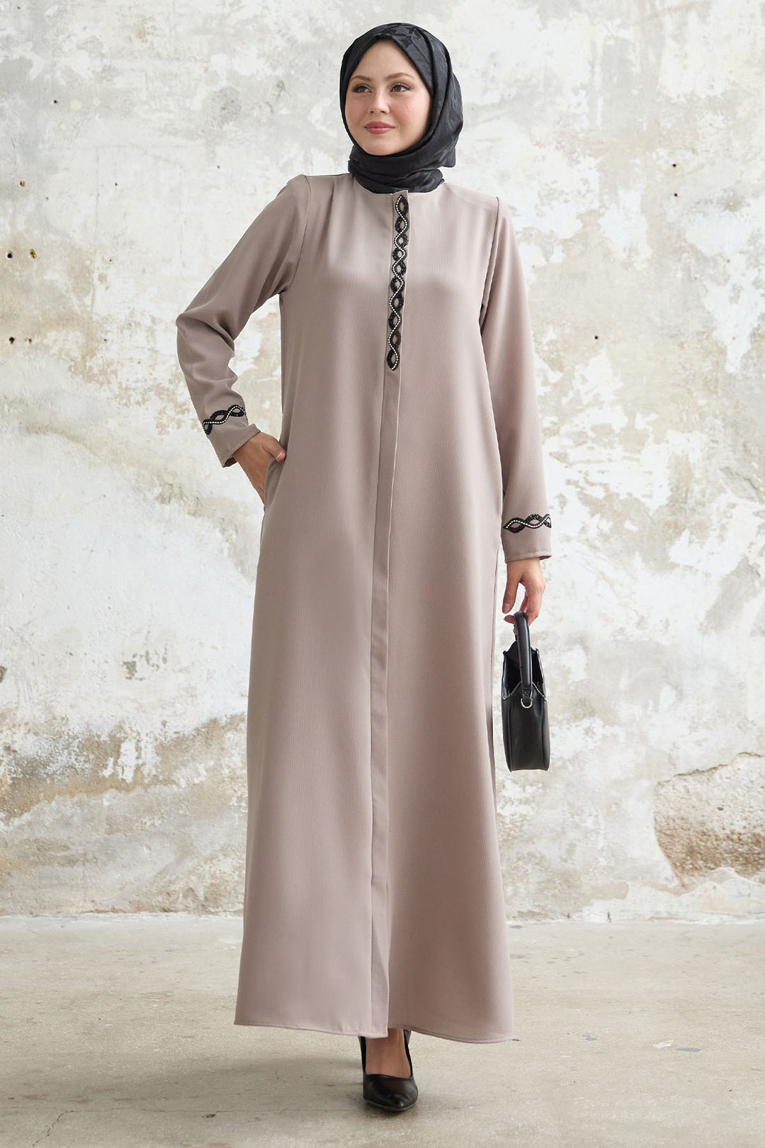 MDS Women Spiral Stone Detailed Honeycomb Beige Abaya - Puerto Real