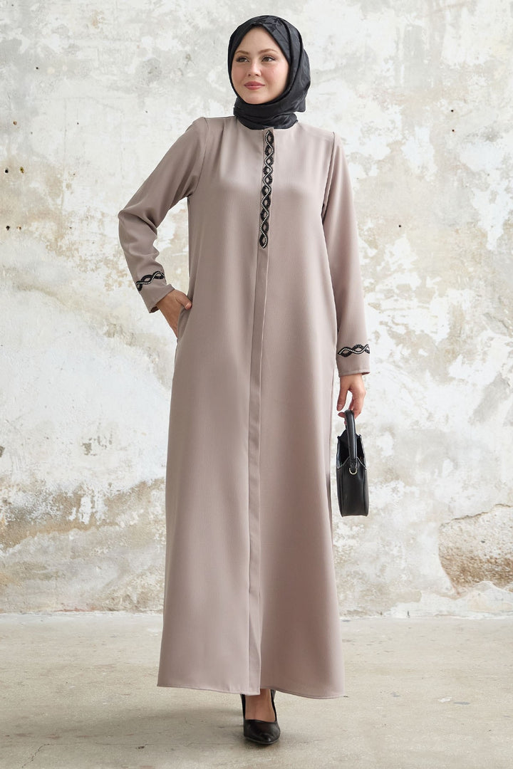 MDS Women Spiral Stone Detailed Honeycomb Beige Abaya - Puerto Real