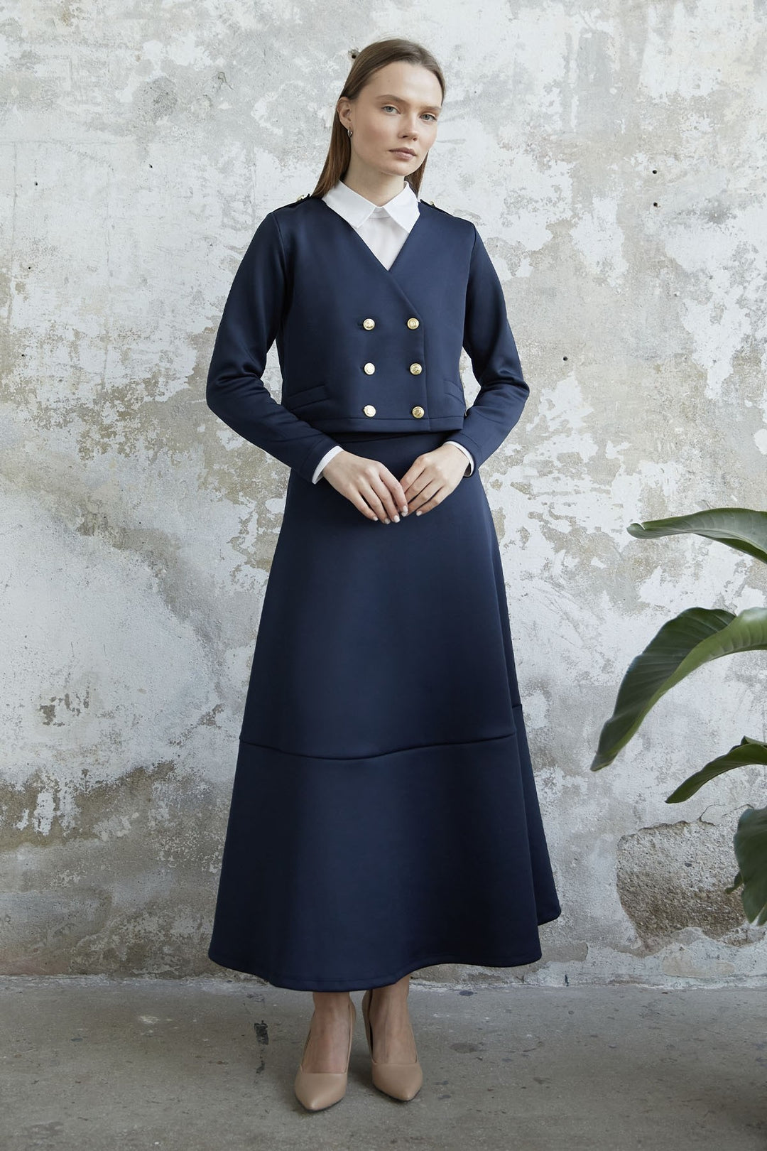 MDS Women Skirted Buttoned Jacket Scuba Suit - Navy - San Rafael