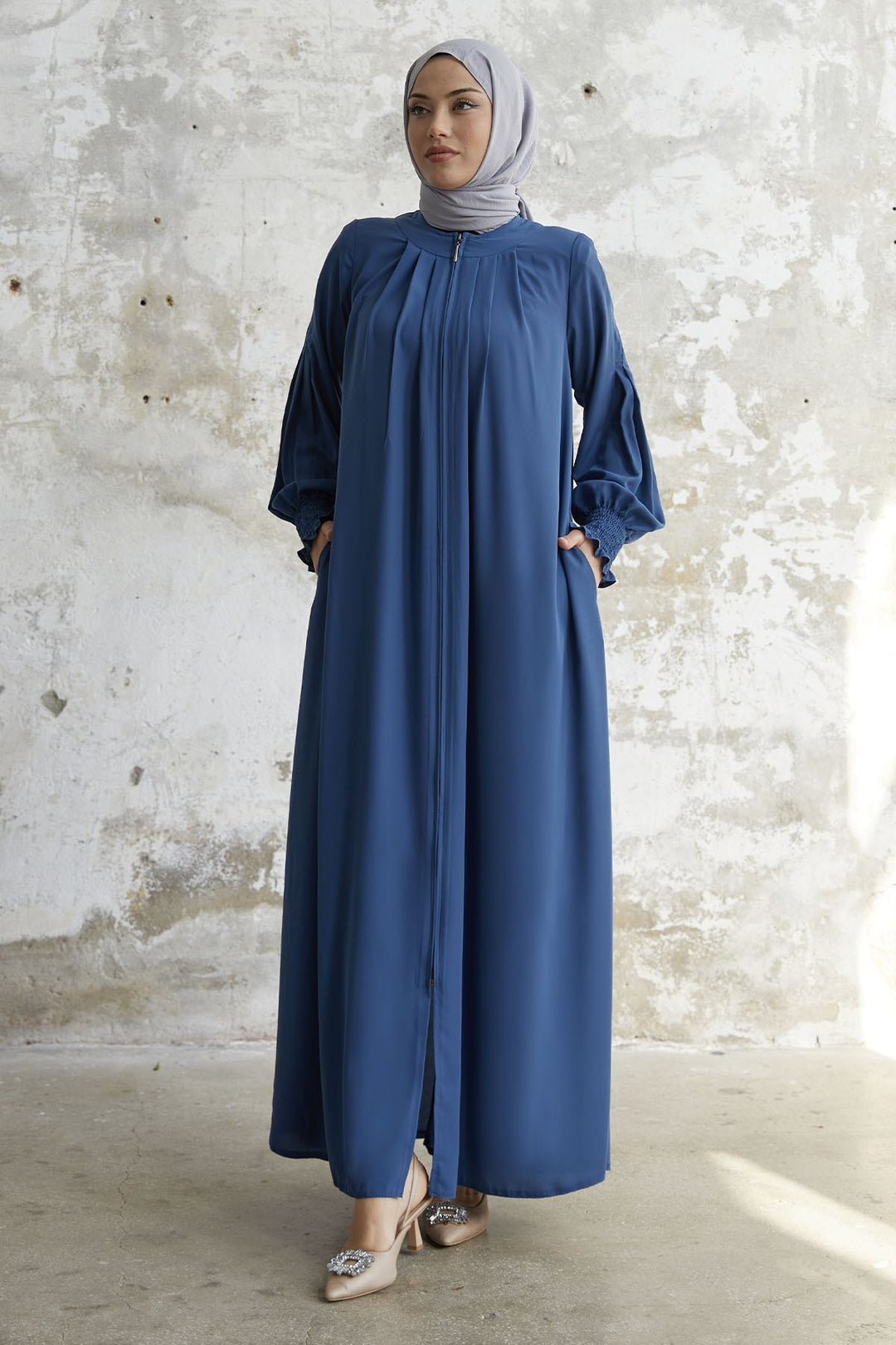 MDS Women Pleated Detail Ruched Abaya - Indigo - Walthamstow