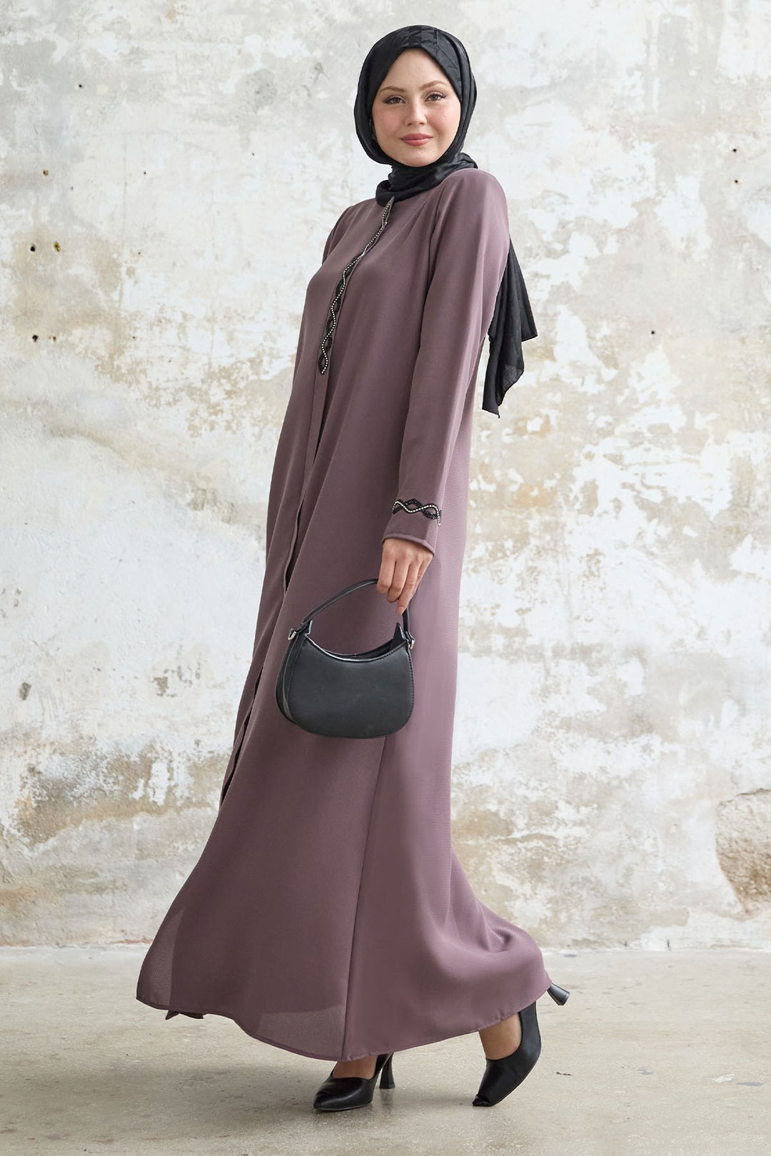 MDS Women Spiral Stone Detailed Honeycomb Rose Dry Abaya - Altadena