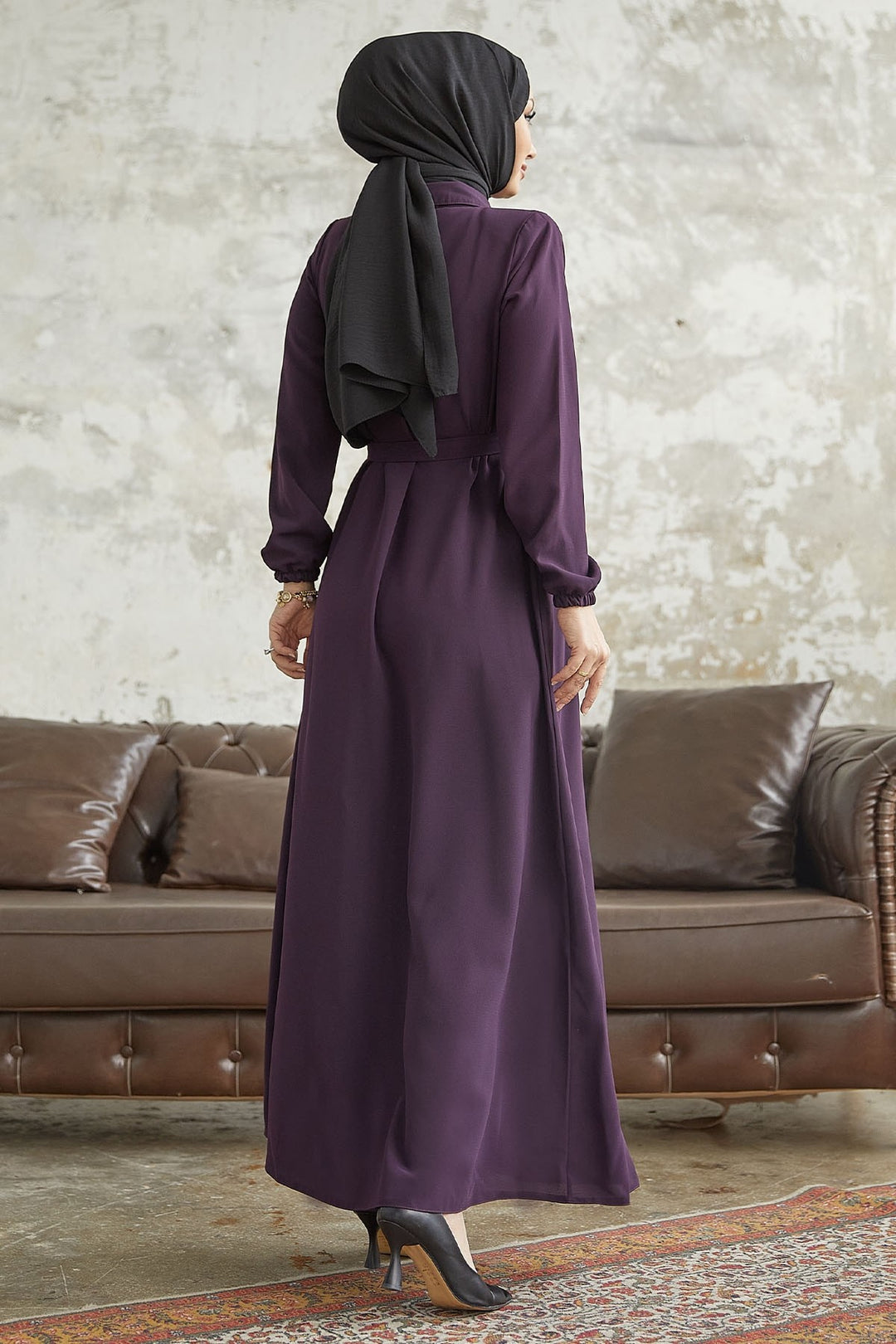 MDS Women Linny Buttoned Shirt Collar Abaya - Purple - Aranjuez