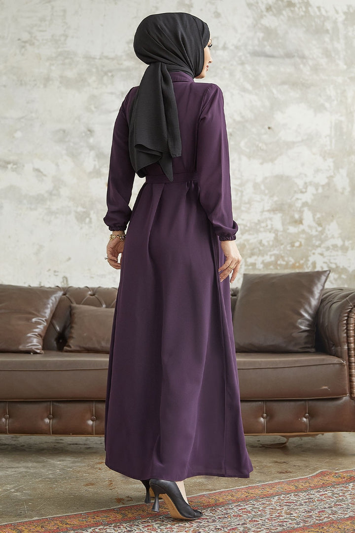 MDS Women Linny Buttoned Shirt Collar Abaya - Purple - Aranjuez