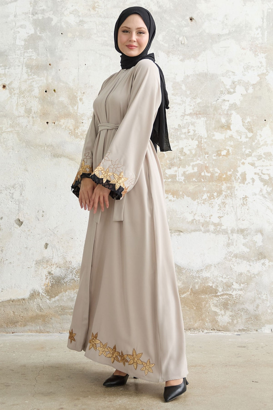 MDS Women Flower Stamp Detail Stone Abaya - Post Falls