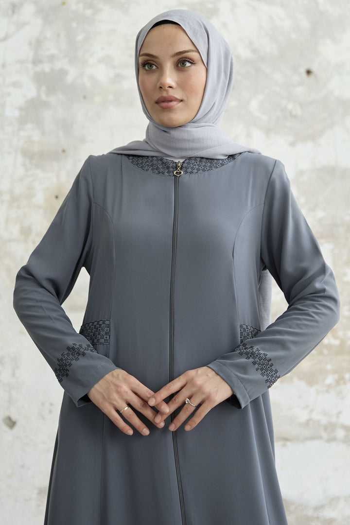 MDS Women Stone-embellished Abaya with Collar and Sleeves - Grey - Fresno
