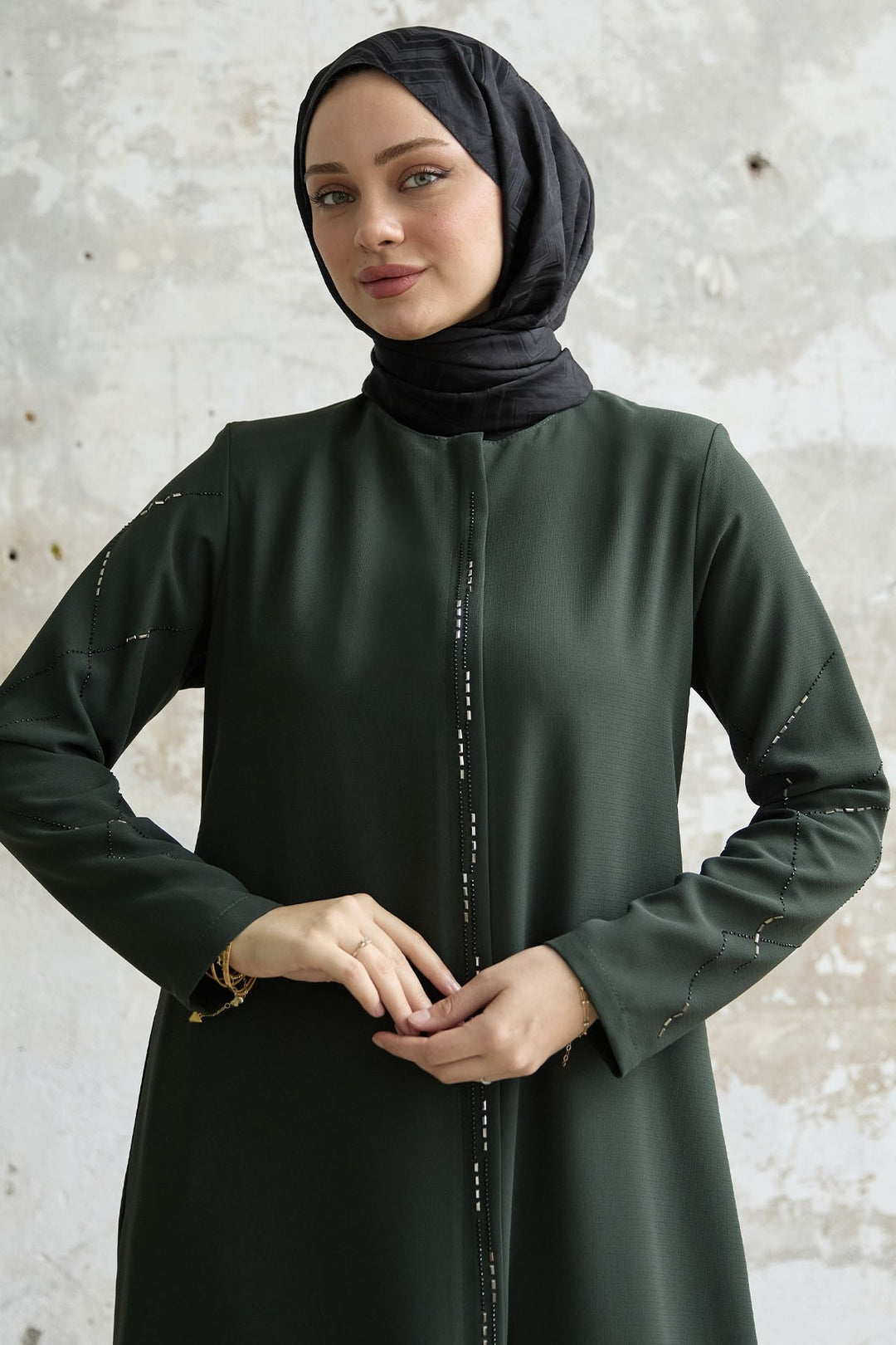 MDS Women Sequined Stone Embroidered Abaya - Khaki - Compiègne