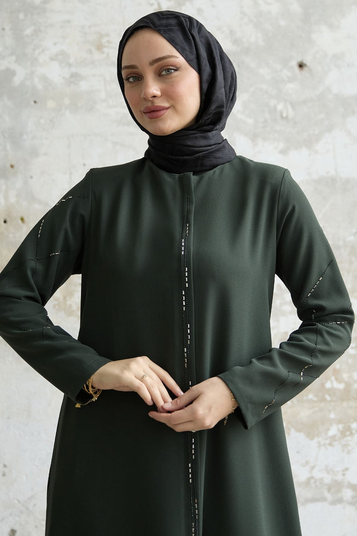 MDS Women Sequined Stone Embroidered Abaya - Khaki - Compiègne