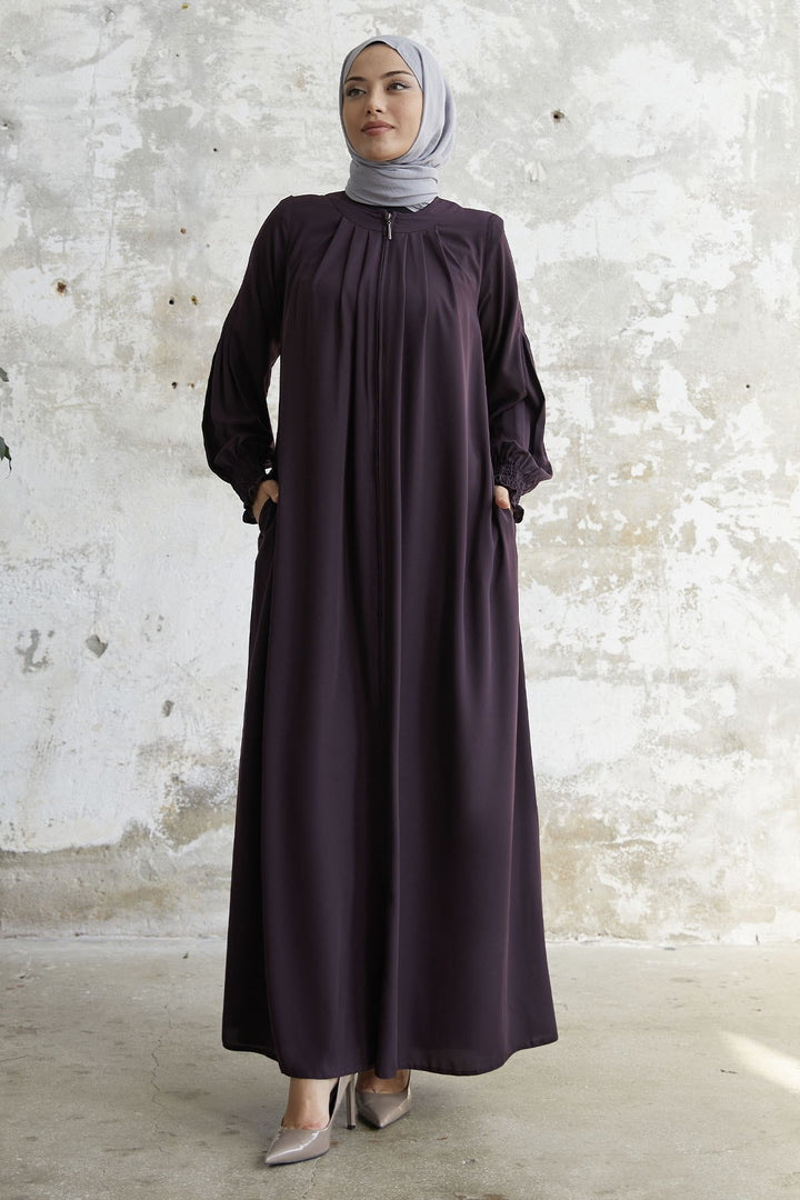 MDS Women Pleated Detail Ruched Abaya - Plum - Edina