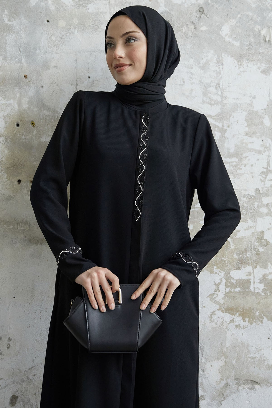 MDS Women Spiral Stone Detailed Honeycomb Abaya - Black - Grand Junction