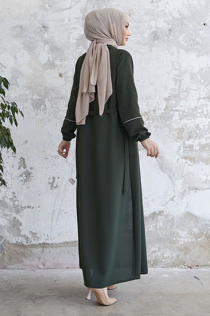 MDS Women Milena Belt Detail Belted Abaya - Khaki - West Babylon