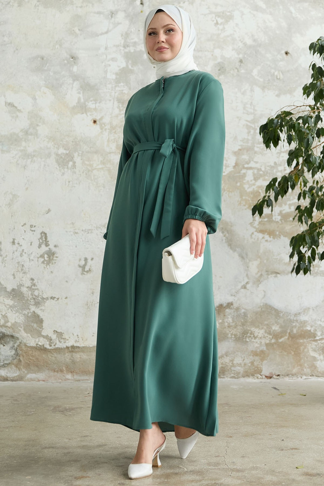 MDS Women Belted Honeycomb Fabric Green Abaya - Veghel