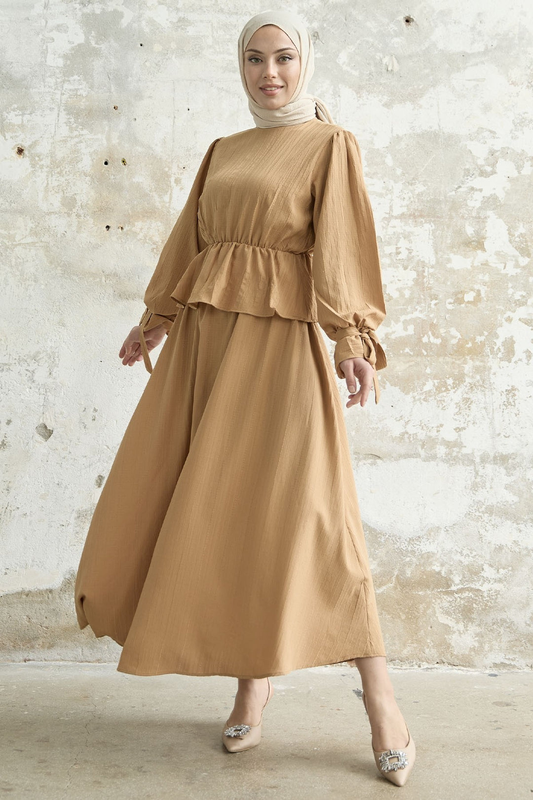 MDS Women Ruffle Detail Blouse Skirt Set - Camel - Waterbury