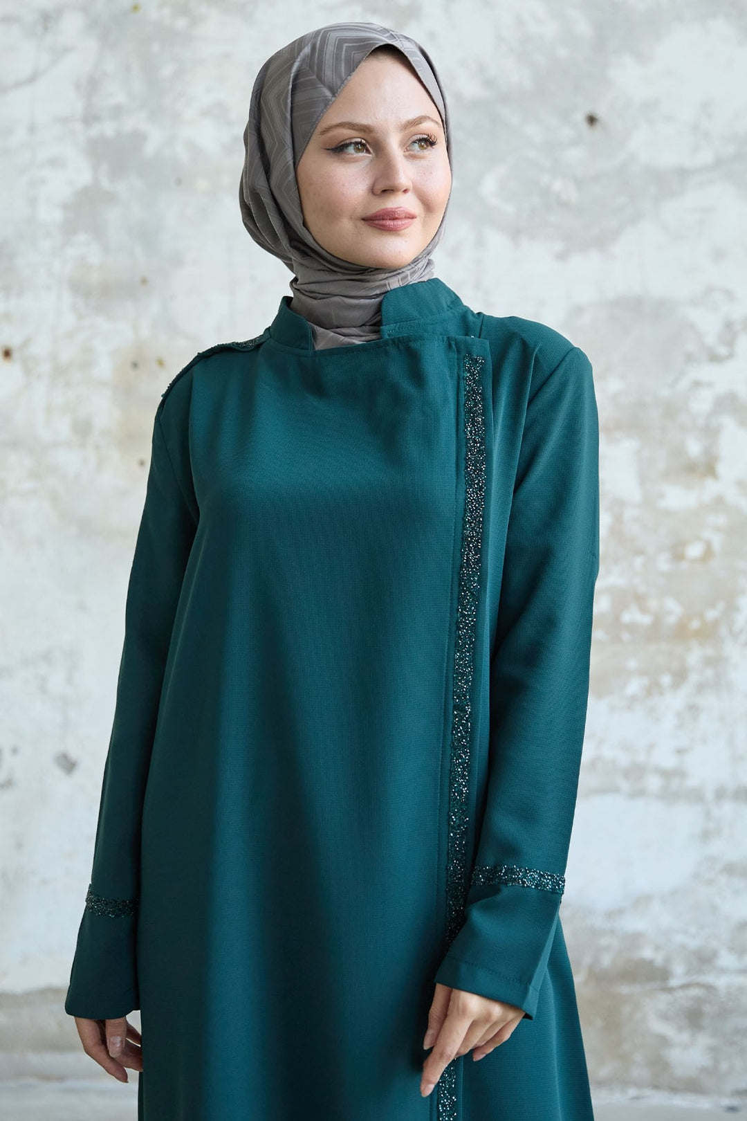 MDS Women Stone-embellished Petrol Abaya with Collar and Front Scarf - Plainfield