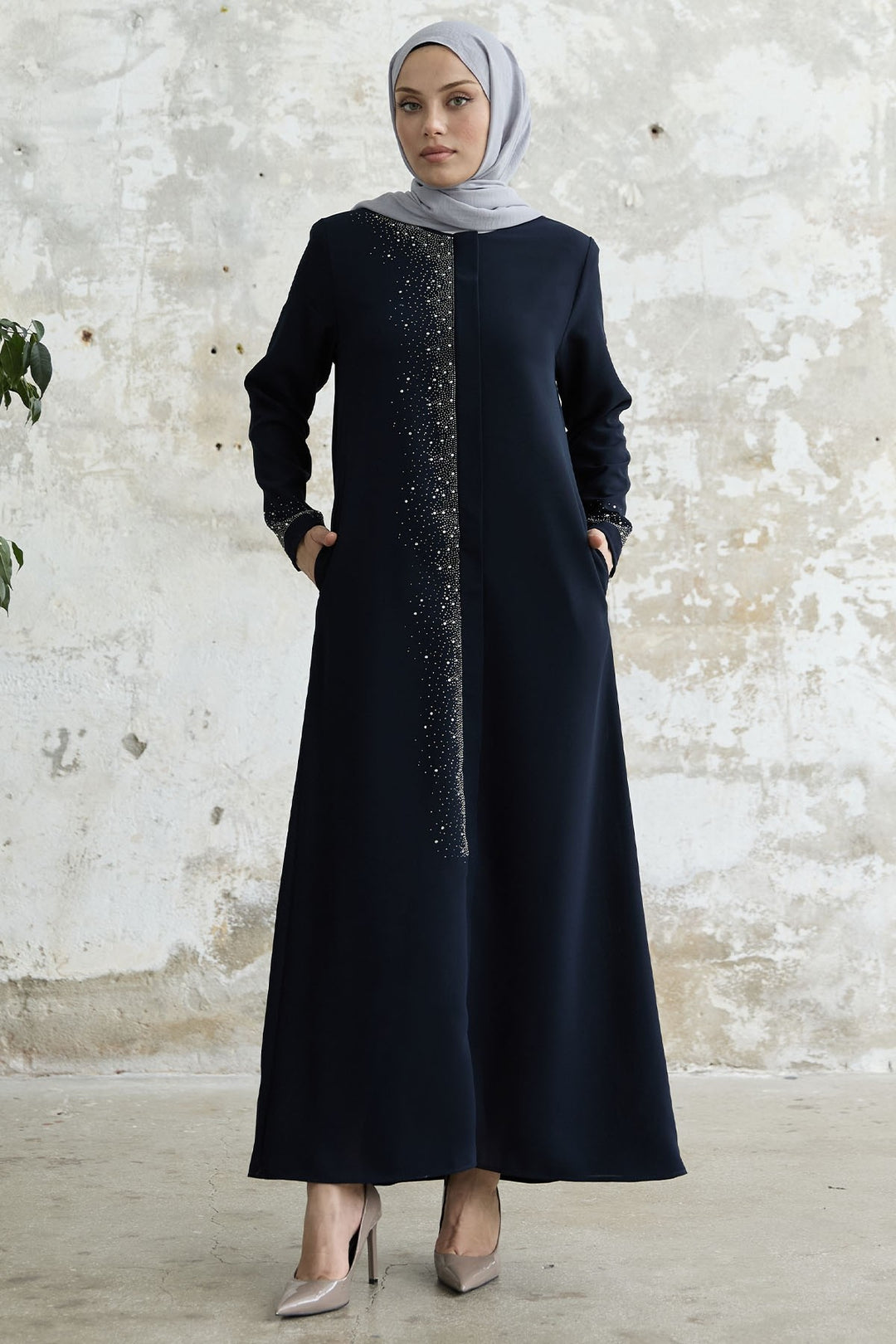 MDS Women Stone-embroidered Abaya with Right Side - Navy - Coeur dAlene