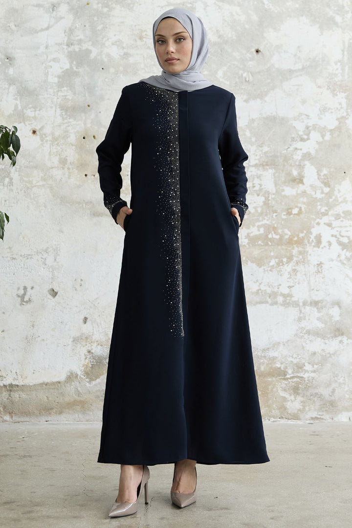 MDS Women Stone-embroidered Abaya with Right Side - Navy - Coeur dAlene