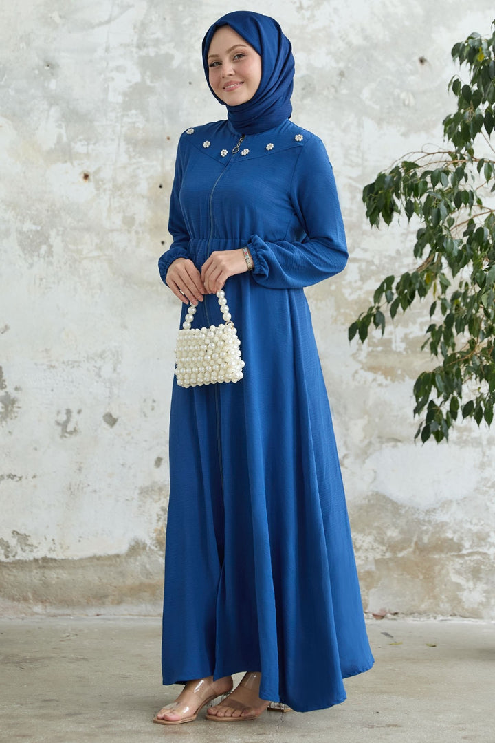 MDS Women Flower Pearl Embellished Elastic Waist Blue Abaya - Bitterfeld