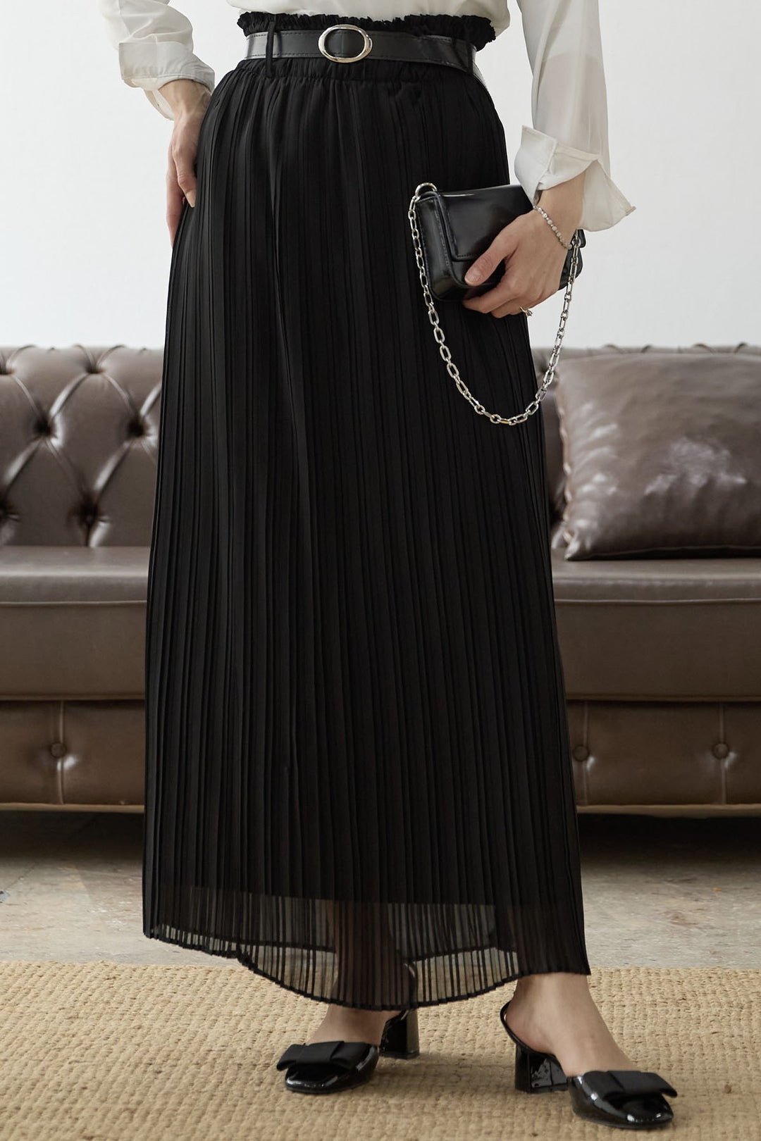 MDS Women Ruched Waist Chiffon Skirt with Belt - Black - Petaluma