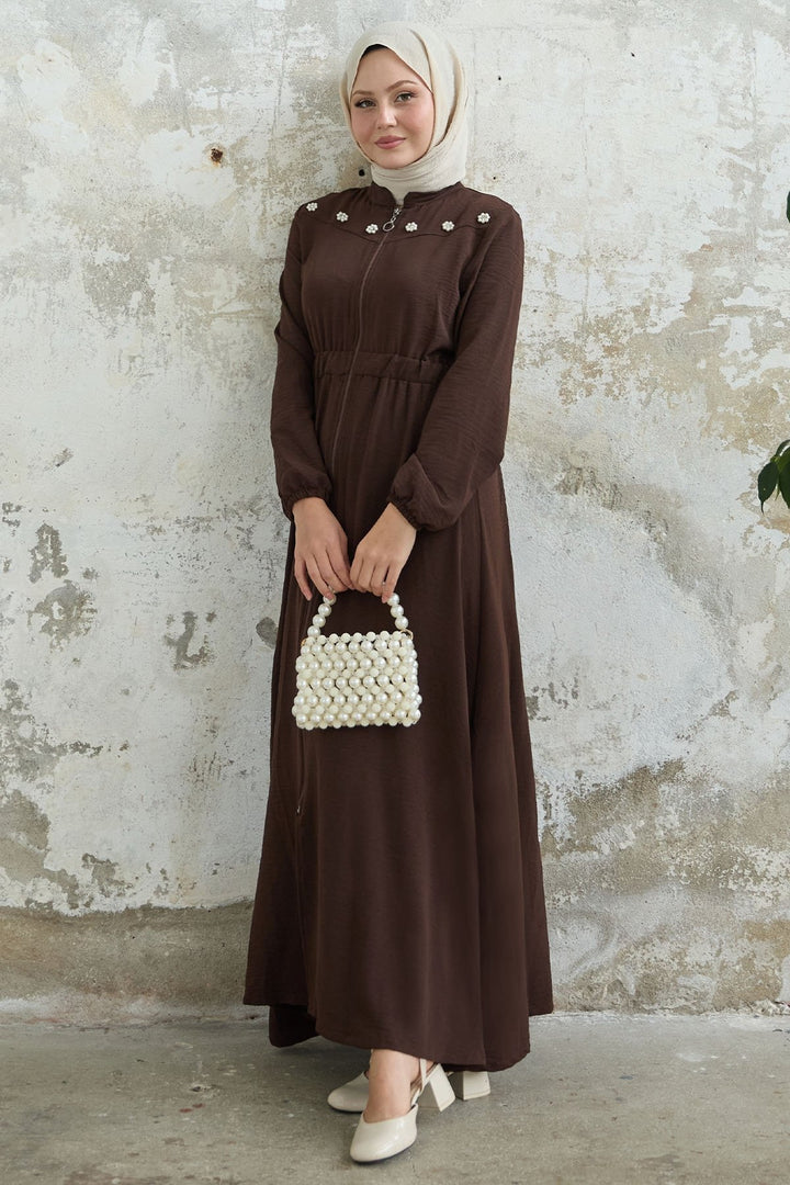 MDS Women Flower Pearl Embroidered Elastic Dark Brown Abaya - Alcira