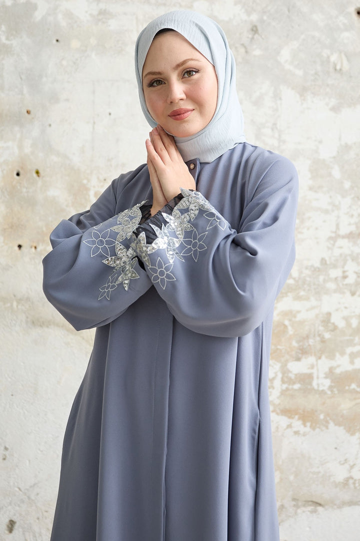 MDS Women Flower Stamp Detail Gray Abaya - Ensenada