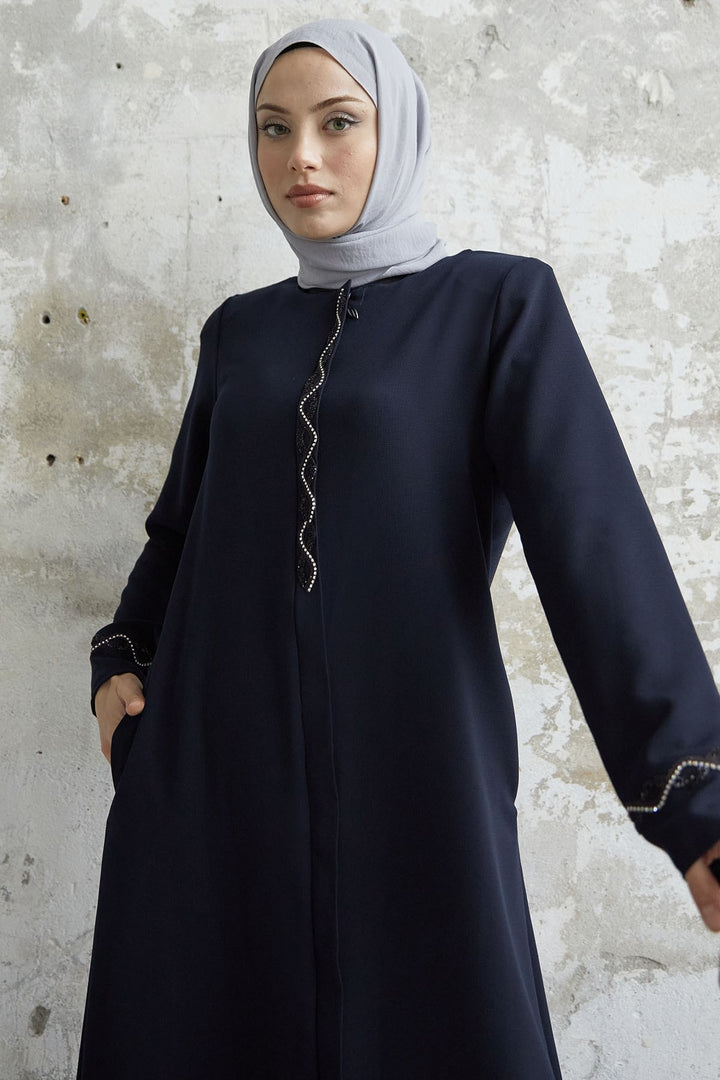 MDS Women Spiral Stone Detailed Honeycomb Abaya - Navy Blue - Springfield