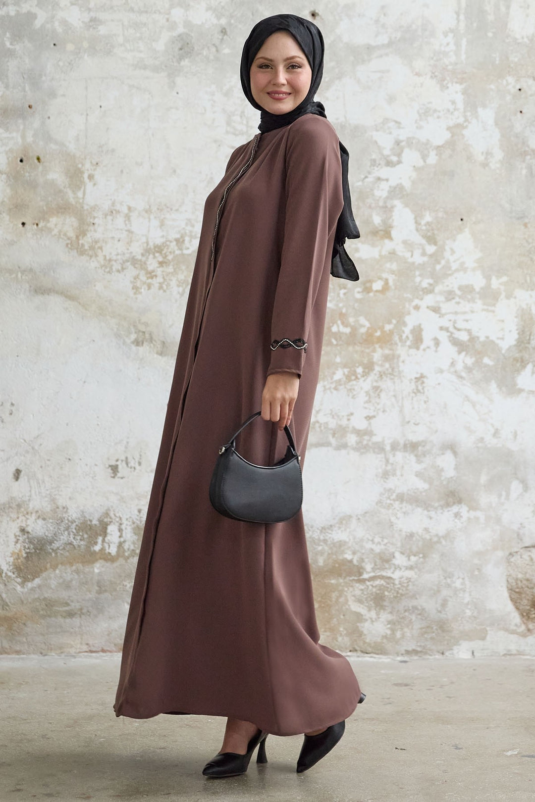 MDS Women Spiral Stone Detailed Honeycomb Brown Abaya - Andover