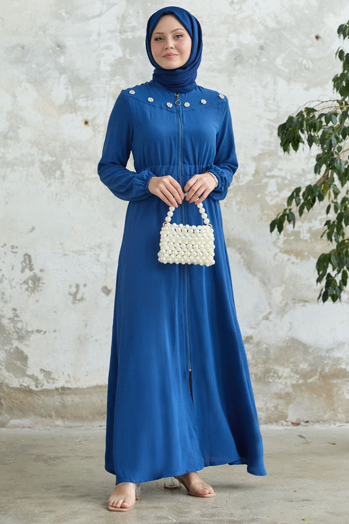 MDS Women Flower Pearl Embellished Elastic Waist Blue Abaya - Bitterfeld