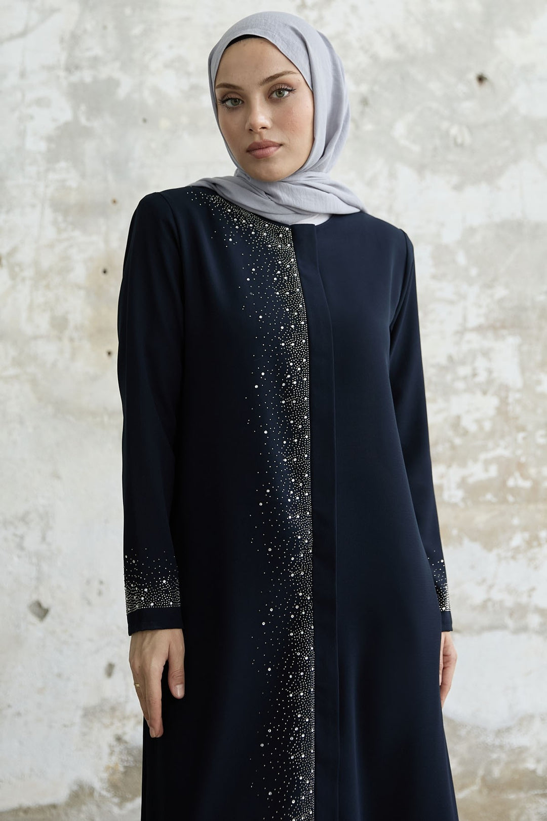 MDS Women Stone-embroidered Abaya with Right Side - Navy - Coeur dAlene